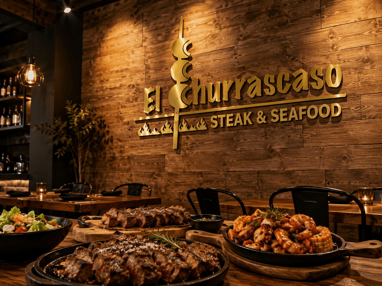 Gold El Churrascaso Steak & Seafood acrylic logo on a warm wood-plank wall above platters of grilled steak, seafood and salad
