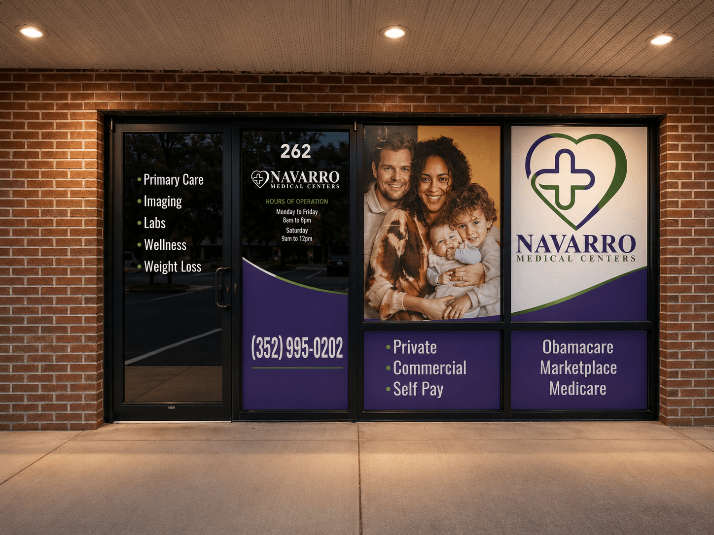 Navarro Medical Centers storefront with branded solid and perforated window films listing services, hours and accepted insurance