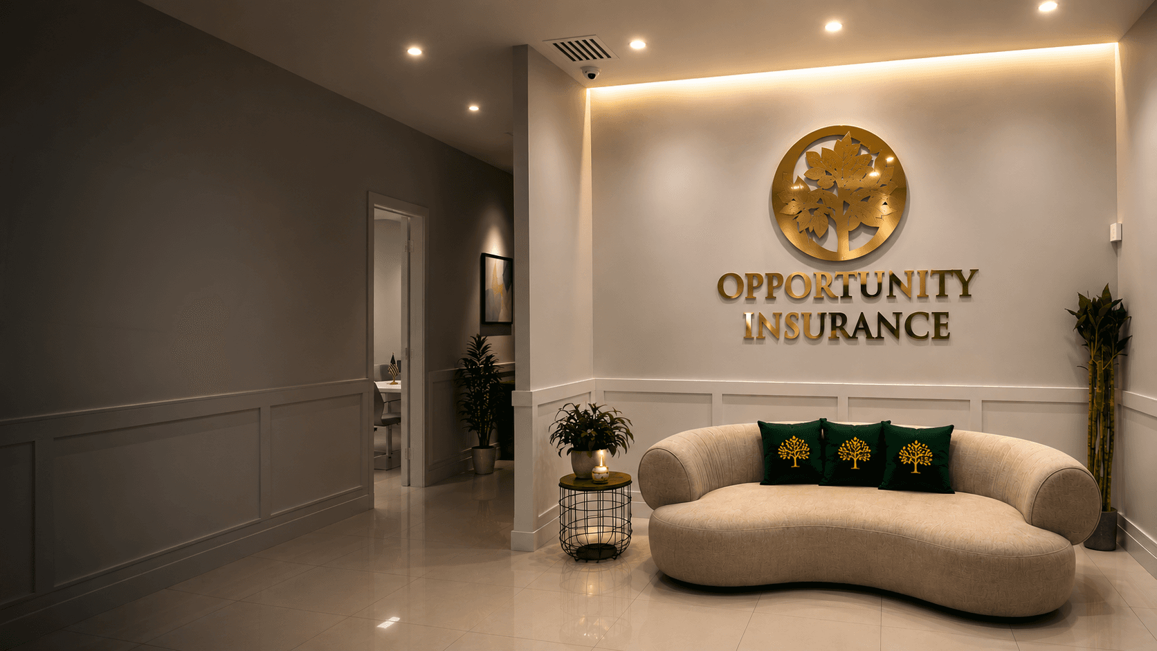 Opportunity Insurance reception with a gold dimensional tree wall logo above lettering and a curved sofa