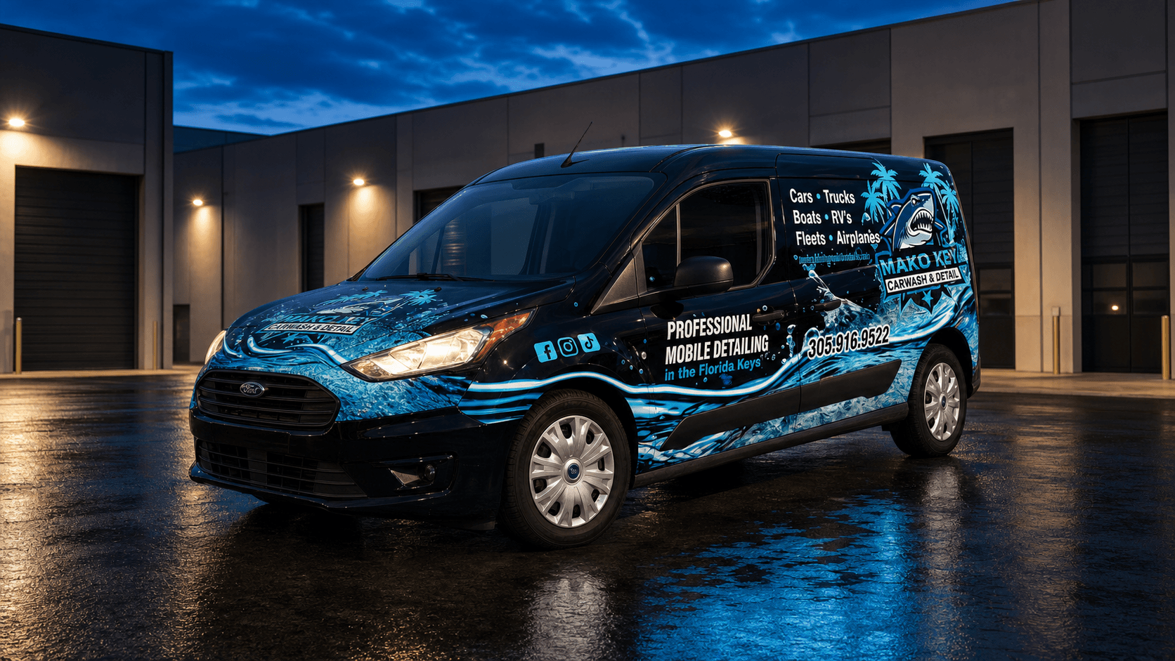 Mako Key Car Wash Ford Transit Connect with blue commercial full wrap