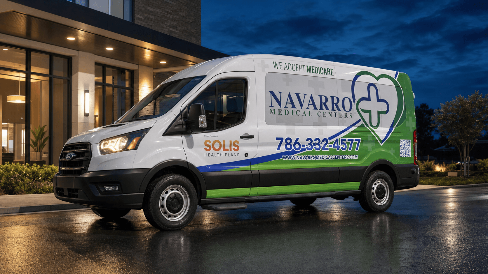 Navarro Medical Centers commercial passenger van with a coordinated full vehicle wrap