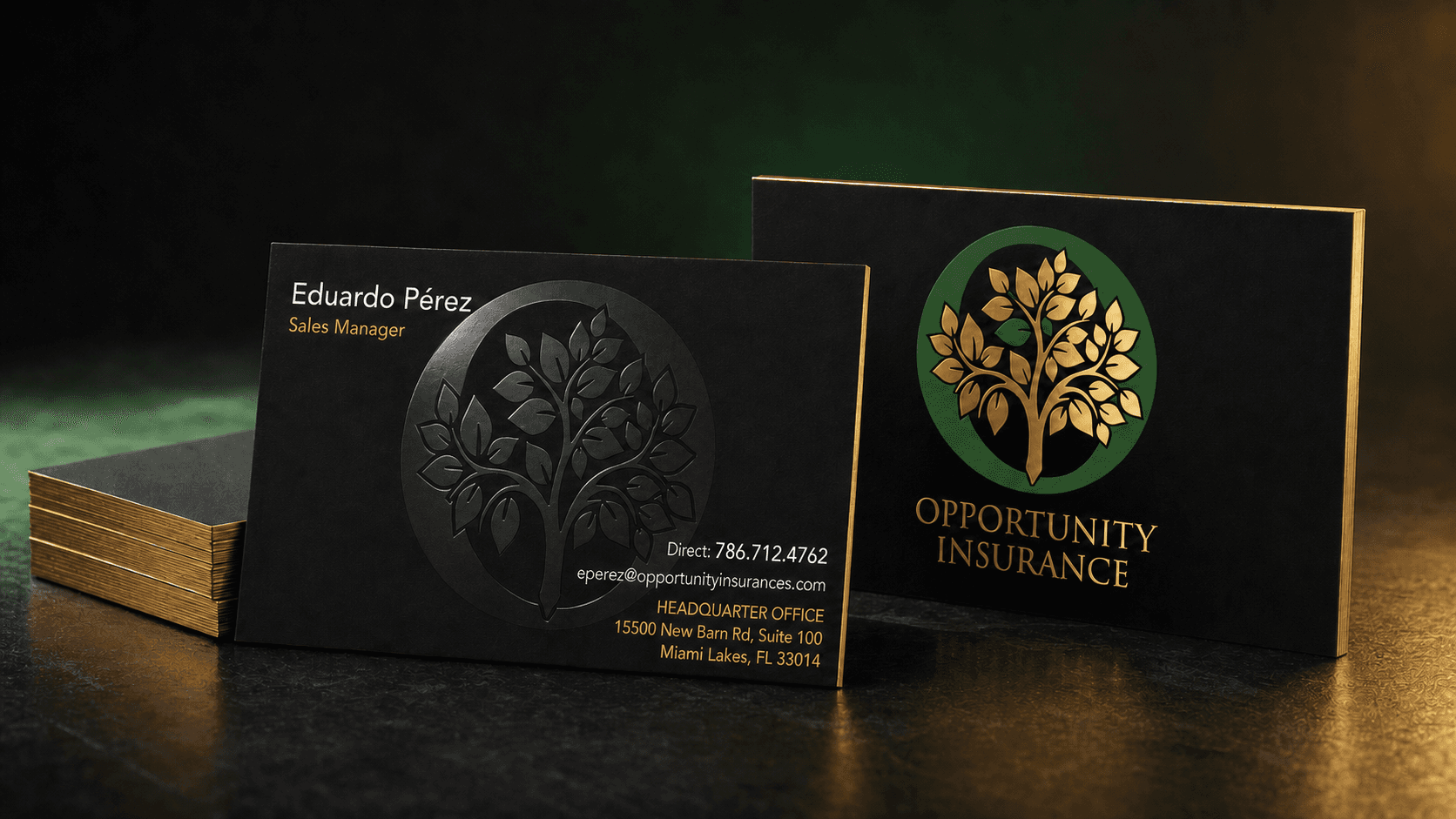 Black Opportunity Insurance cards with gold foil and dimensional tree emblem