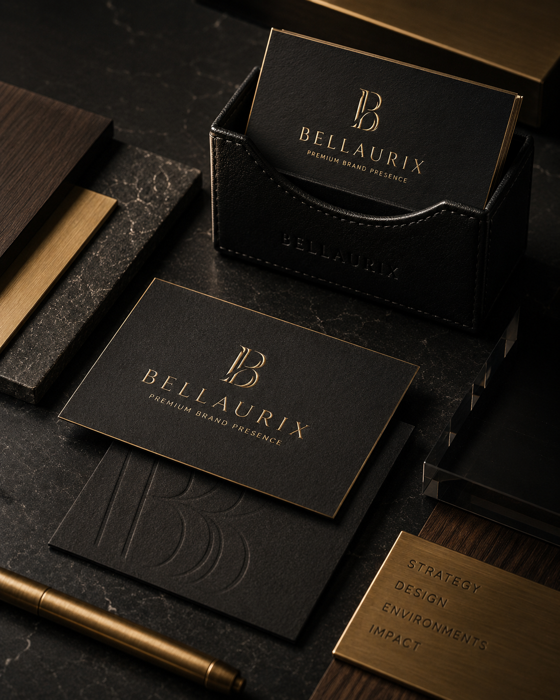 Luxury BELLAURIX brand materials featuring black cotton cards, champagne foil, leather, brass, dark wood and smoked acrylic.