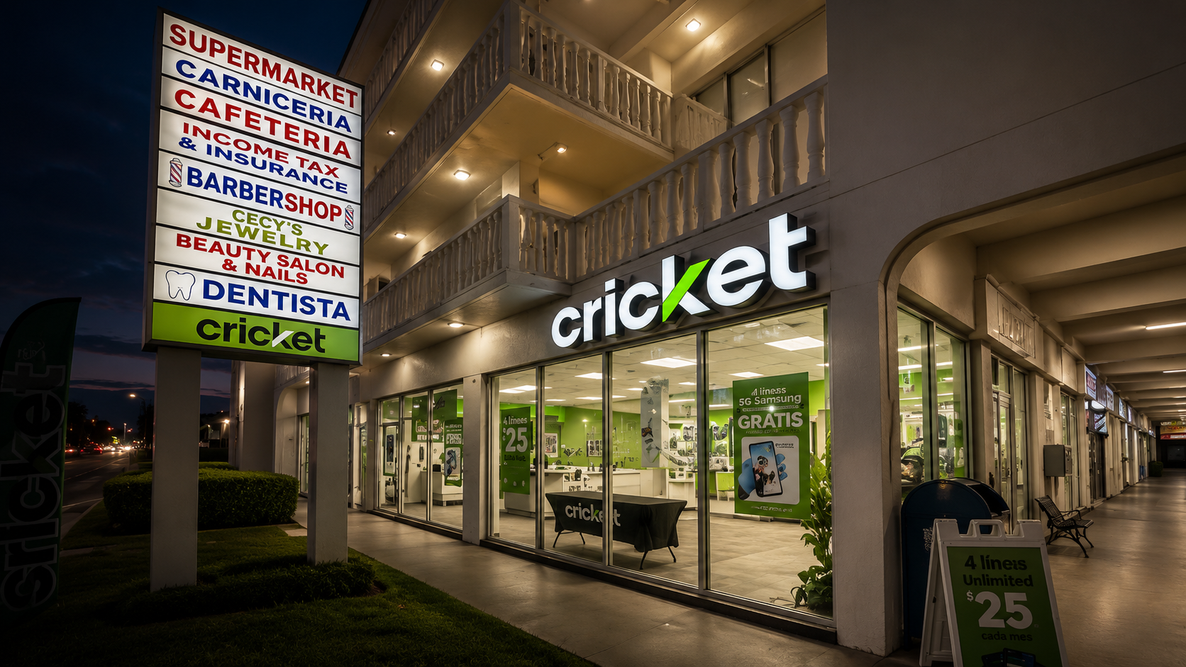 Cricket Wireless storefront at dusk with illuminated channel-letter signage and a tall multi-tenant pylon sign