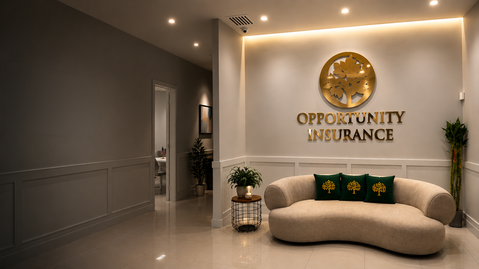 Opportunity Insurance reception with a gold dimensional tree wall logo above lettering and a curved sofa